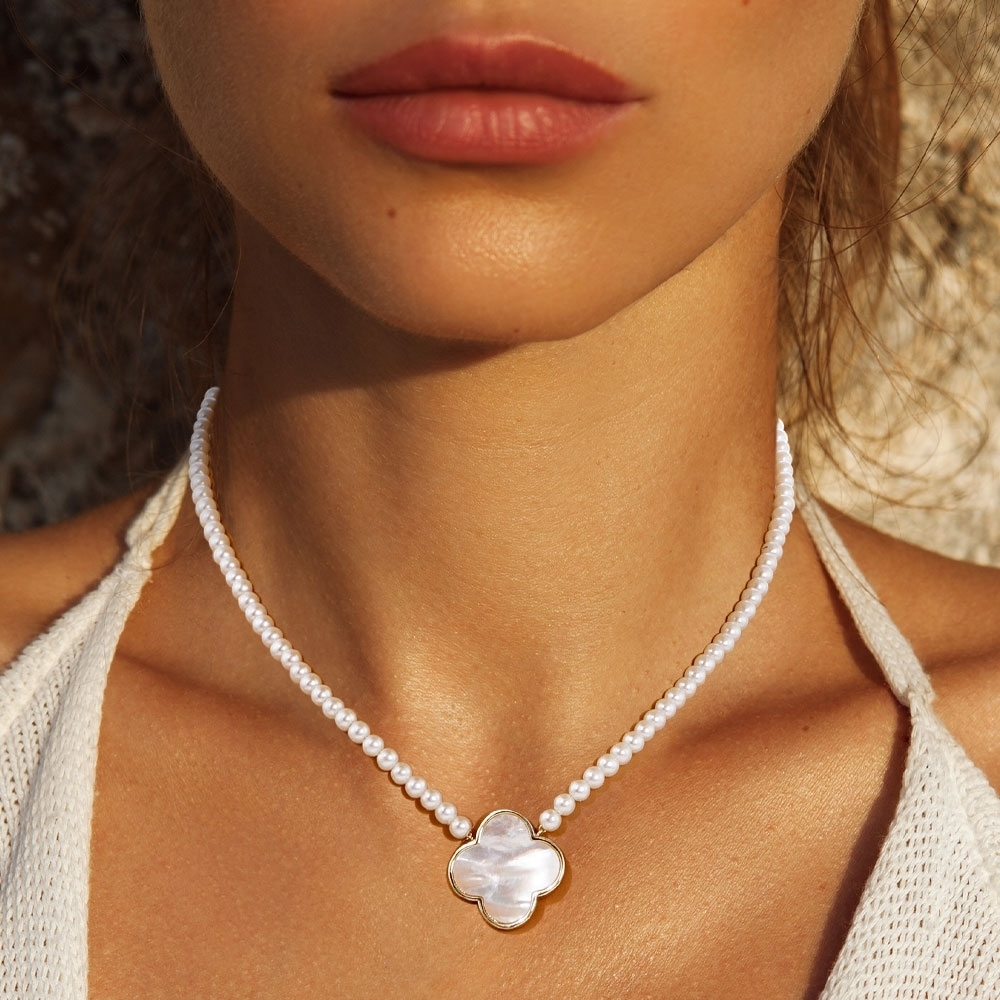 White Gold Dipped Quatrefoil Clover Chain Necklace Pendant Pearl Jewelry
